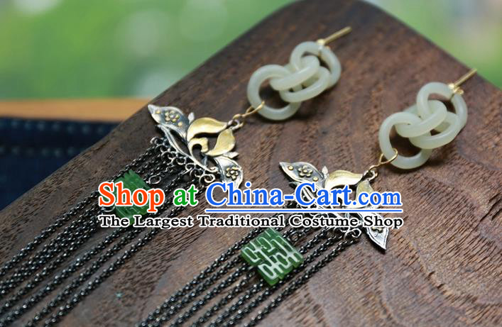 China Carving Lotus National Jewelry Traditional Ancient Qing Dynasty Earrings Handmade Jade Rings Ear Accessories