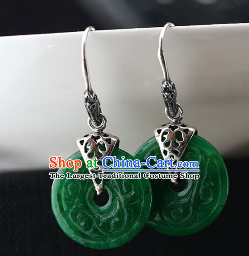 Handmade Chinese Cheongsam Green Jade Carving Earrings Traditional Silver Ear Jewelry Accessories
