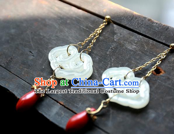 China Traditional Ancient Qing Dynasty Earrings Handmade Ear Accessories White Jade Cloud National Jewelry