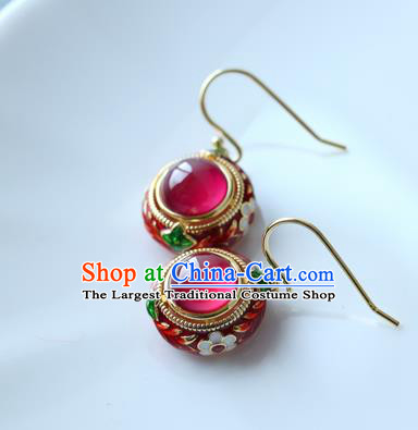 Handmade Chinese Traditional Ear Jewelry Red Corundum Eardrop Accessories Enamel Earrings