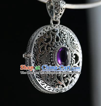 China Handmade Amethyst Necklace Pendant Classical Accessories Traditional National Silver Carving Necklet Jewelry