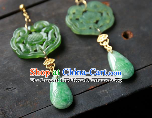 China Traditional Ancient Qing Dynasty Green Jade Earrings Handmade Ear Accessories National Jewelry