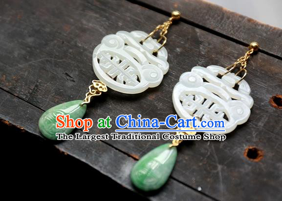 China Ancient Qing Dynasty White Jade Earrings National Jewelry Traditional Handmade Ear Accessories