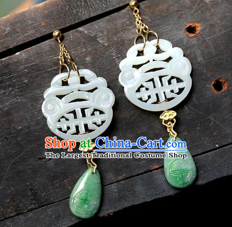 China Ancient Qing Dynasty White Jade Earrings National Jewelry Traditional Handmade Ear Accessories