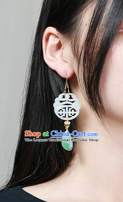 China Ancient Qing Dynasty White Jade Earrings National Jewelry Traditional Handmade Ear Accessories