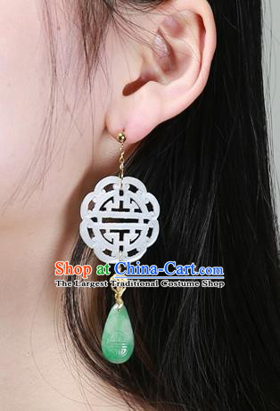 China National Wedding Jewelry Ancient Qing Dynasty Earrings Traditional Handmade White Jade Ear Accessories