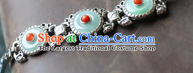 China Handmade Silver Bangle Jewelry Corallite Accessories Traditional National Jade Bracelet