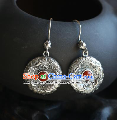 Handmade Chinese Nanjiang Carnelian Eardrop Accessories Classical Cheongsam Earrings Traditional Silver Carving Ear Jewelry