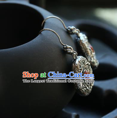 Handmade Chinese Nanjiang Carnelian Eardrop Accessories Classical Cheongsam Earrings Traditional Silver Carving Ear Jewelry