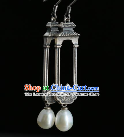 Handmade Chinese Traditional Pearl Ear Jewelry Eardrop Accessories Silver Carving Palace Earrings
