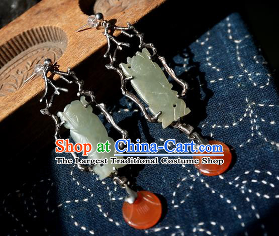 China Ancient Qing Dynasty Jade Carving Earrings Traditional Handmade Agate Ear Accessories National Wedding Jewelry