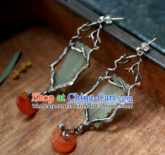 China Ancient Qing Dynasty Jade Carving Earrings Traditional Handmade Agate Ear Accessories National Wedding Jewelry