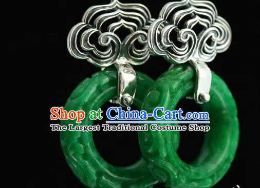 Handmade Chinese Traditional Silver Carving Cloud Ear Jewelry Eardrop Accessories Palace Jade Earrings
