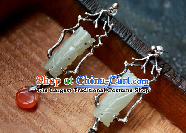 China Traditional Handmade Ear Accessories Ancient Qing Dynasty Earrings National Wedding Jade Carving Jewelry