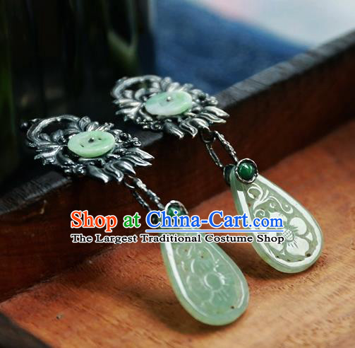 China National Silver Lotus Jewelry Ancient Qing Dynasty Earrings Traditional Handmade Green Jade Ear Accessories