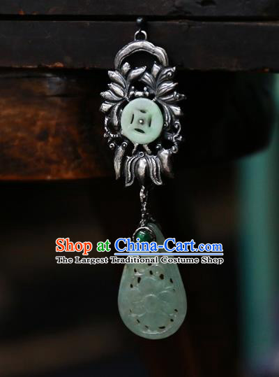 China National Silver Lotus Jewelry Ancient Qing Dynasty Earrings Traditional Handmade Green Jade Ear Accessories