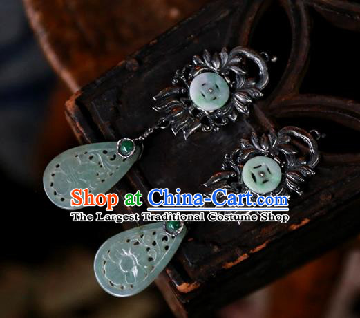 China National Silver Lotus Jewelry Ancient Qing Dynasty Earrings Traditional Handmade Green Jade Ear Accessories