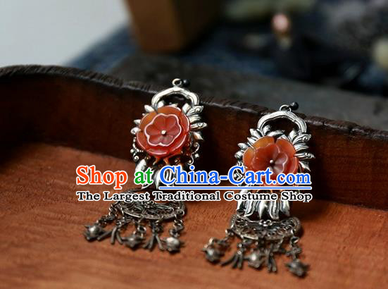 China National Silver Carving Jewelry Handmade Ear Accessories Traditional Cheongsam Red Flower Earrings