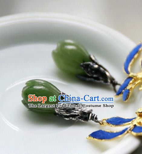 China Ancient Court Queen Earrings Traditional National Jewelry Handmade Qing Dynasty Jadeite Mangnolia Ear Accessories