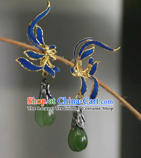 China Ancient Court Queen Earrings Traditional National Jewelry Handmade Qing Dynasty Jadeite Mangnolia Ear Accessories