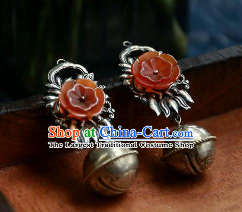 China Handmade Ear Accessories Traditional Cheongsam Red Flower Earrings National Silver Carving Ball Jewelry