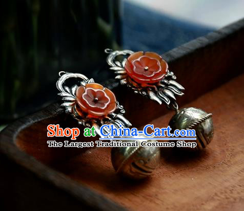 China Handmade Ear Accessories Traditional Cheongsam Red Flower Earrings National Silver Carving Ball Jewelry