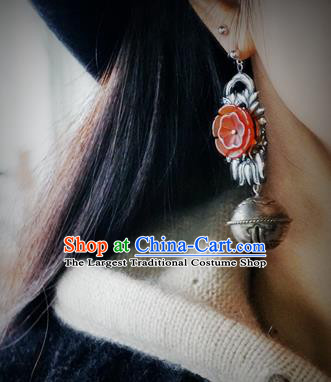 China Handmade Ear Accessories Traditional Cheongsam Red Flower Earrings National Silver Carving Ball Jewelry