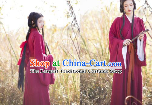 China Traditional Jin Dynasty Imperial Princess Historical Costume Ancient Female Swordsman Wine Red Hanfu Dress Clothing