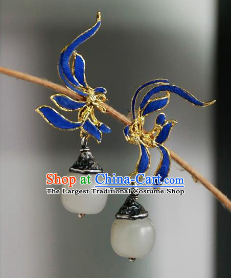 China Ancient Court Blueing Earrings Traditional National Jadeite Mangnolia Jewelry Handmade Qing Dynasty Ear Accessories
