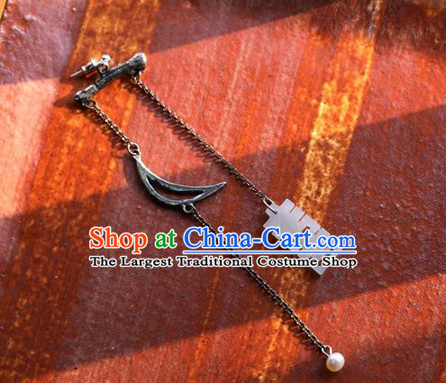 China Handmade Long Tassel Wedding Ear Accessories National Cheongsam White Jade Earrings Traditional Silver Jewelry