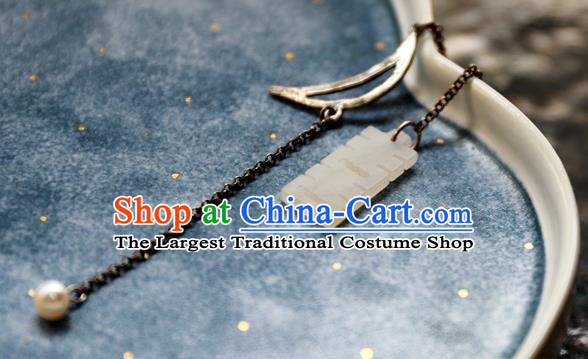 China Handmade Long Tassel Wedding Ear Accessories National Cheongsam White Jade Earrings Traditional Silver Jewelry