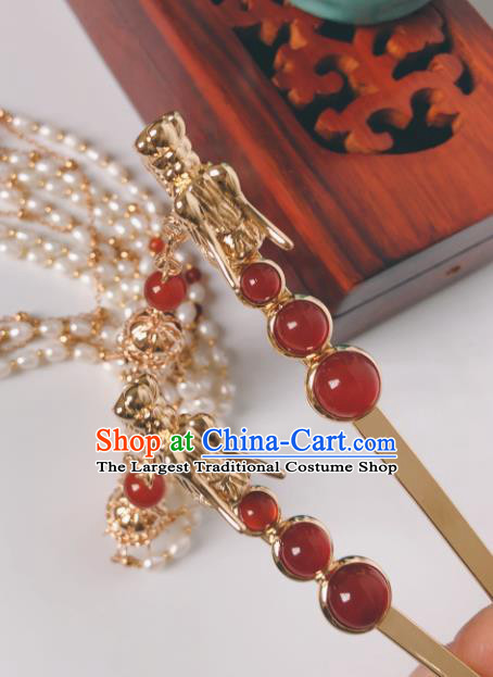 China Ming Dynasty Empress Golden Dragon Hair Stick Traditional Hanfu Hair Accessories Ancient Queen Pearls Tassel Hairpin