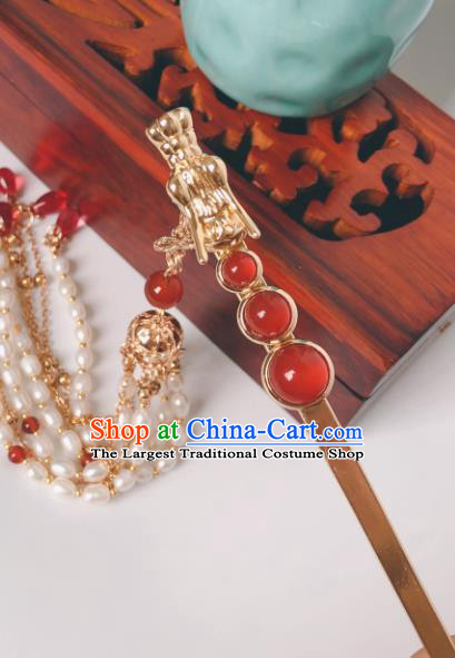 China Ming Dynasty Empress Golden Dragon Hair Stick Traditional Hanfu Hair Accessories Ancient Queen Pearls Tassel Hairpin
