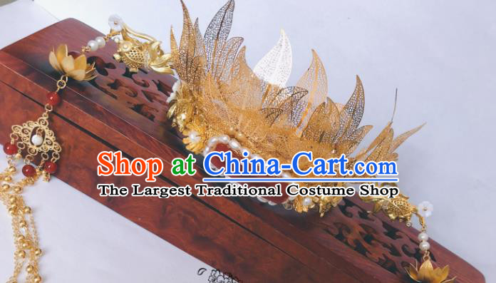 China Tang Dynasty Golden Phoenix Coronet Traditional Hanfu Hair Accessories Ancient Queen Agate Hair Crown