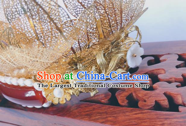 China Ming Dynasty Golden Phoenix Coronet Traditional Hanfu Hair Accessories Ancient Queen Agate Hair Crown