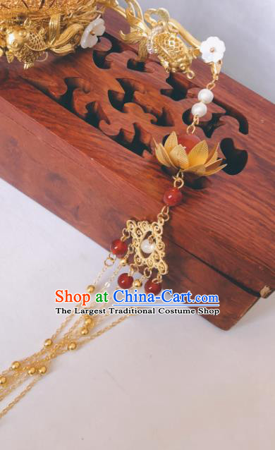China Ming Dynasty Golden Phoenix Coronet Traditional Hanfu Hair Accessories Ancient Queen Agate Hair Crown