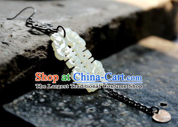 China Traditional Wedding Silver Jewelry Ornaments National Cheongsam Earrings Handmade White Jade Ear Accessories