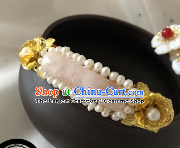 China Ming Dynasty Princess Rose Quartz Hair Stick Traditional Hanfu Hair Accessories Ancient Palace Lady Pearls Hairpin