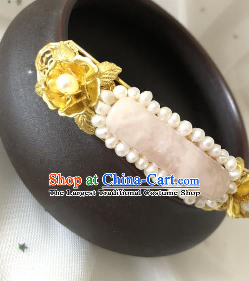 China Ming Dynasty Princess Rose Quartz Hair Stick Traditional Hanfu Hair Accessories Ancient Palace Lady Pearls Hairpin