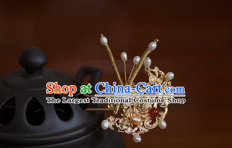 China Ming Dynasty Pearls Butterfly Hair Stick Traditional Hanfu Hair Accessories Ancient Imperial Consort Golden Hairpin