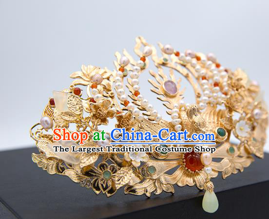 China Tang Dynasty Phoenix Coronet Traditional Hanfu Hair Accessories Ancient Empress Pearls Hair Crown and Hairpins