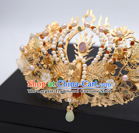 China Tang Dynasty Phoenix Coronet Traditional Hanfu Hair Accessories Ancient Empress Pearls Hair Crown and Hairpins