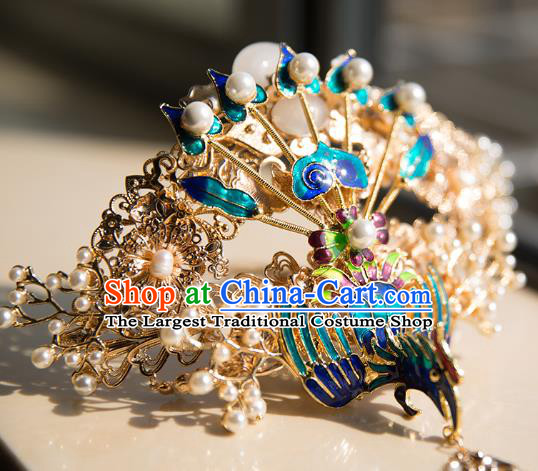 China Ming Dynasty Wedding Blueing Phoenix Hair Crown Traditional Hanfu Hair Accessories Ancient Court Hairpin