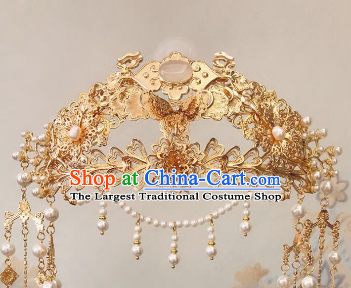 China Tang Dynasty Wedding Golden Hair Crown Traditional Hanfu Hair Accessories Ancient Court Phoenix Coronet Hairpin