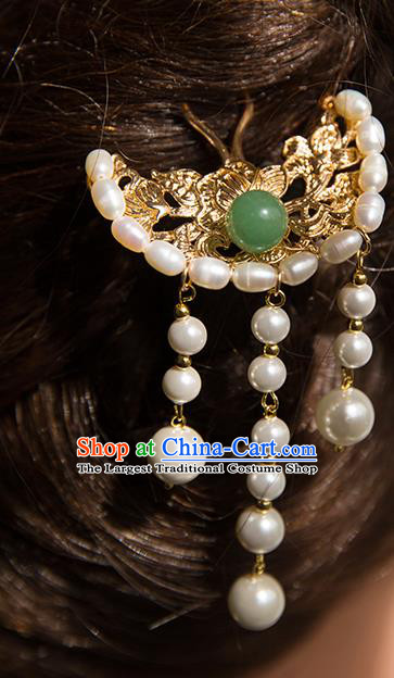 China Ming Dynasty Pearls Hair Clip Traditional Hanfu Hair Accessories Ancient Court Lady Brass Hairpin