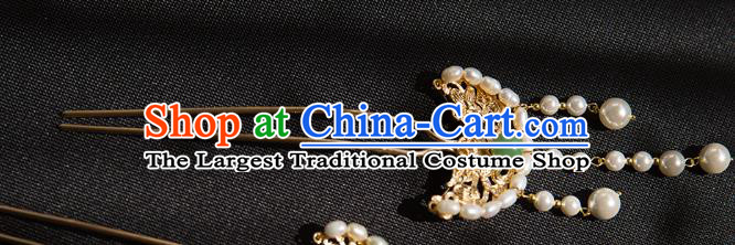 China Ming Dynasty Pearls Hair Clip Traditional Hanfu Hair Accessories Ancient Court Lady Brass Hairpin
