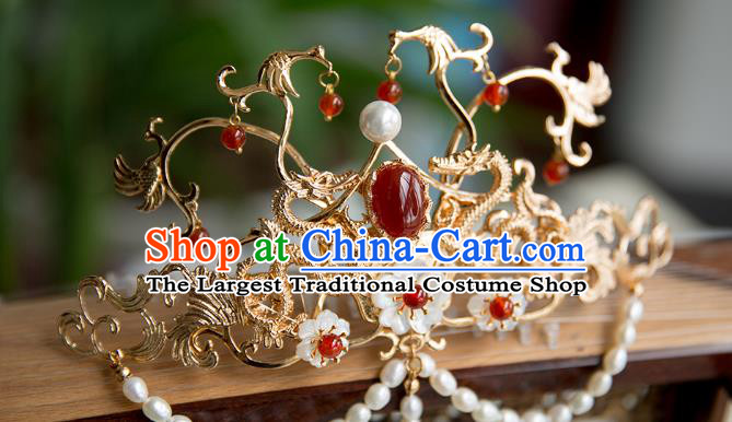 China Ming Dynasty Pearls Tassel Phoenix Coronet Traditional Hanfu Hair Accessories Ancient Court Lady Hair Crown Hairpin