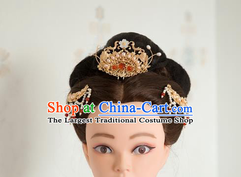 China Ming Dynasty Pearls Hair Crown Traditional Hanfu Hair Accessories Ancient Court Lady Agate Golden Hairpin