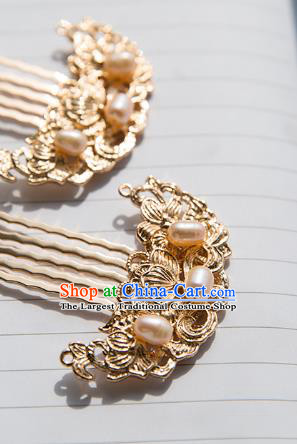 China Tang Dynasty Pearls Hairpin Traditional Hanfu Hair Accessories Ancient Princess Golden Hair Combs