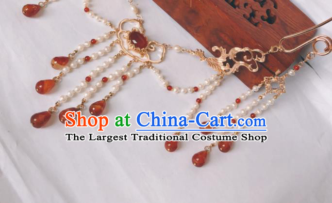 China Traditional Ancient Princess Pearls Tassel Necklace Handmade Ming Dynasty Agate Jewelry Accessories